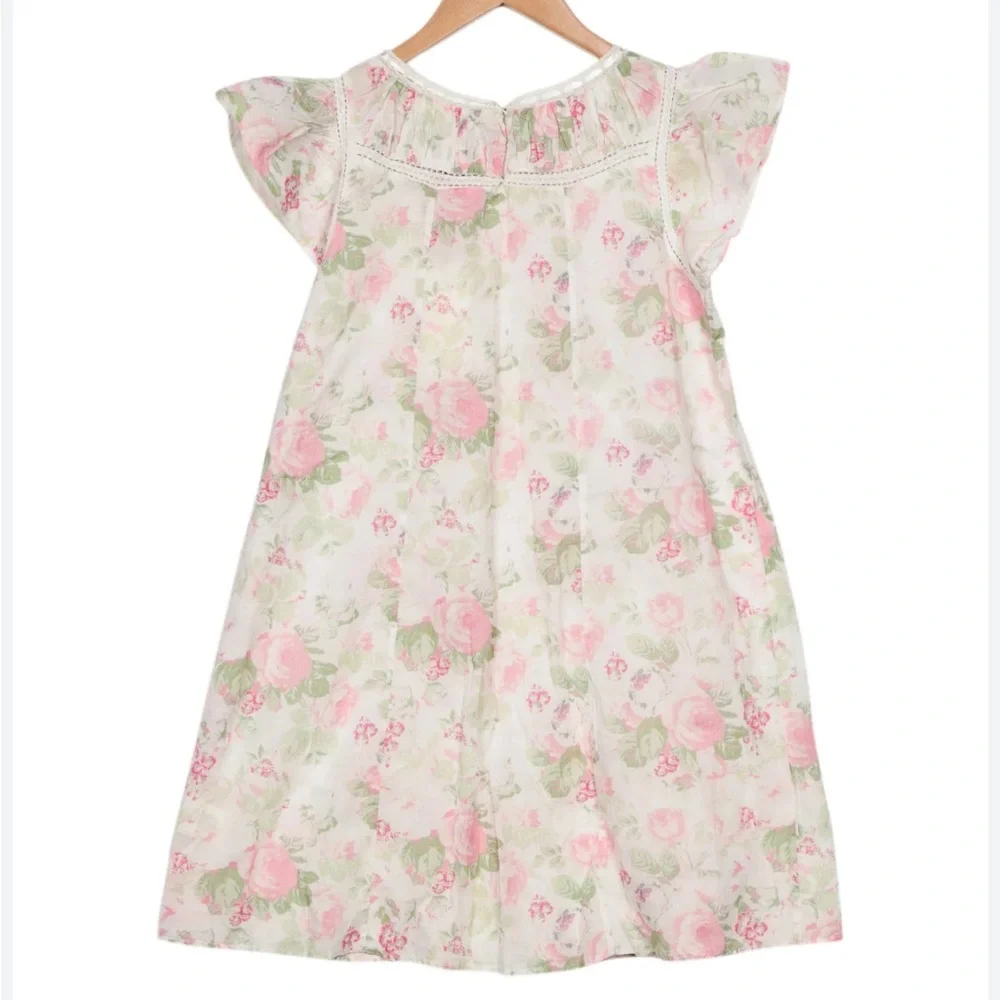 LoveShackFancy Girls Cream Dress with Pink Floral Print